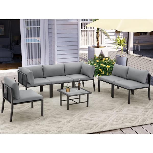 AECOJOY 7-Piece Metal Outdoor Patio Conversation Set with Cover and Gray Cushions