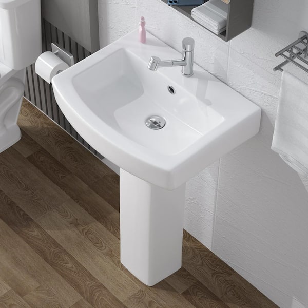 HOMLYLINK Pedestal Sink White Vitreous China Rectangular Combo Pedestal Bathroom Sink with Overflow Single Faucet Hole