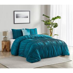 DESIGN STUDIO Garment Washed Smocked Stripe Cable Braid Teal Blue 4-Piece Microfiber Comforter Bedding Set - King