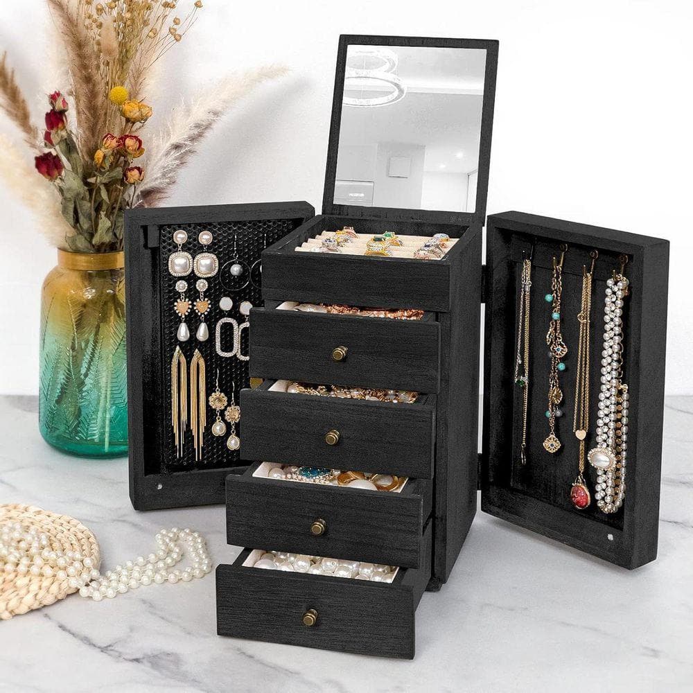 Black 8.3 in. x 10.6 in. Wood Jewelry Organizer Box with Mirror