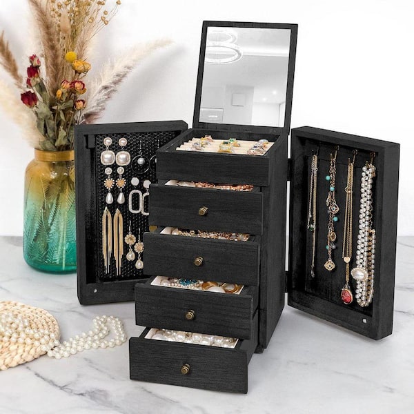 Black 8.3 in. x 10.6 in. Wood Jewelry Organizer Box with Mirror