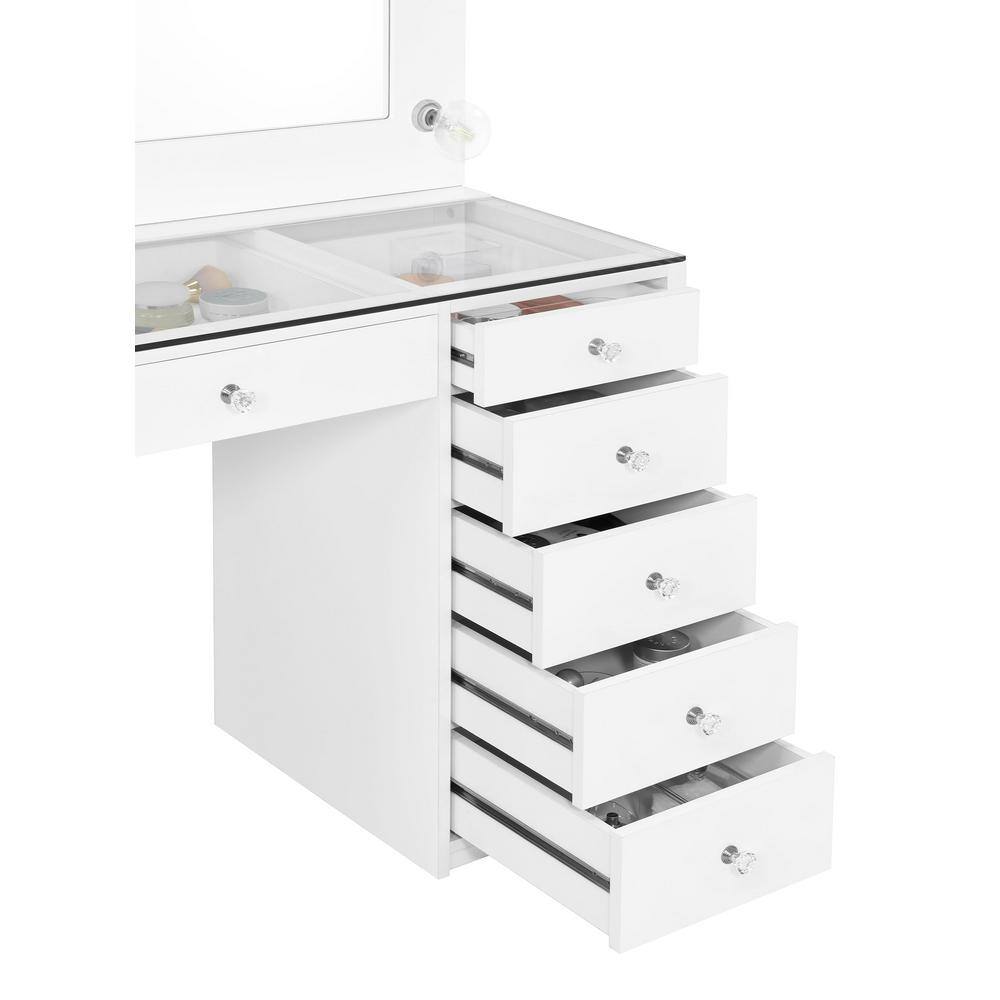 White Glass Top Vanity Desk with LED Mirror and 7 Drawers