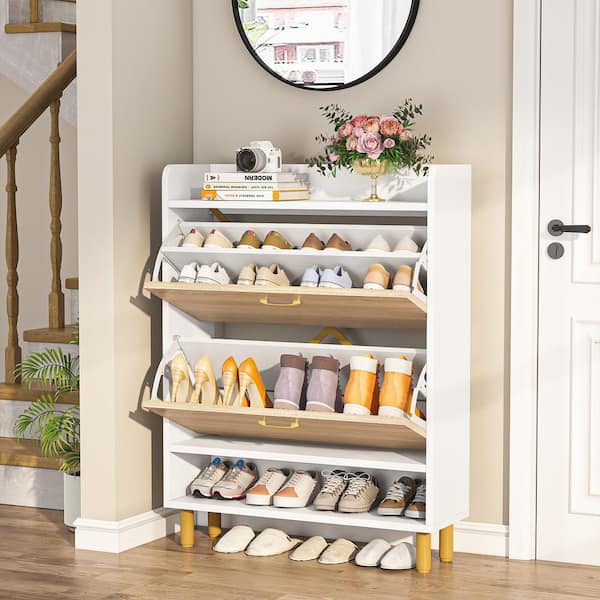 Tribesigns 41.34-in H 3 Tier 24 Pair White and Brown MDF Shoe Cabinet | HOGA-JW0280