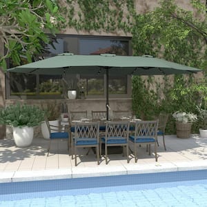 9-Piece Cast Aluminum Patio Outdoor Dining Set with Blue Cushion and 2 in. Umbrella Hole