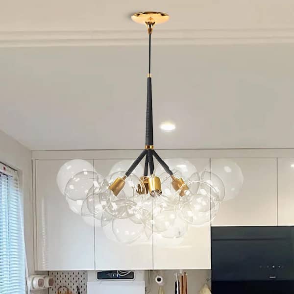 HUOKU Alma 4-Light 22.8 in.W Gold Bubble Chandelier with Black Leather, 12 Clear Light Glass Globes and LED Bulbs Included