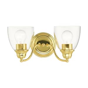 Grandview 13.5 in. 2-Light Polished Brass Vanity Light with Clear Glass