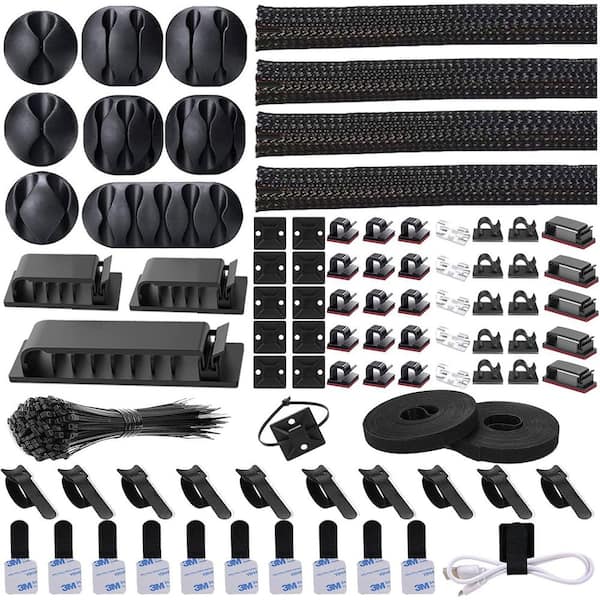 OBJLGEV 192 PCS Cable Management Kit with Cable Sleeves, Cord Holders, Clips, Self-Adhesive Ties, Fastening Ties Black and Clear