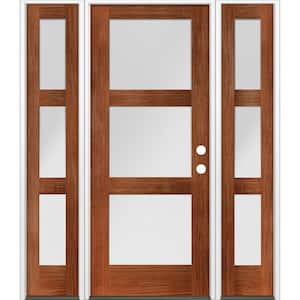 64 in. x 80 in. Modern Douglas Fir 3-Lite Left-Hand/Inswing Frosted Glass Red Chestnut Stain Wood Prehung Front Door