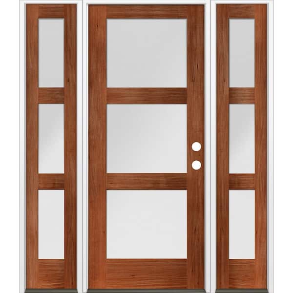 Krosswood Doors 64 in. x 80 in. Modern Hemlock 3-Lite Left-Hand/Inswing Frosted Glass Red Chestnut Stain Wood Prehung Front Door