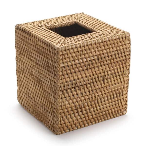 Tissue Box Cover with Natural Woven Rattan, Open Bottom for Easy Loading, Rustic Decor, and Square Shape in Brown