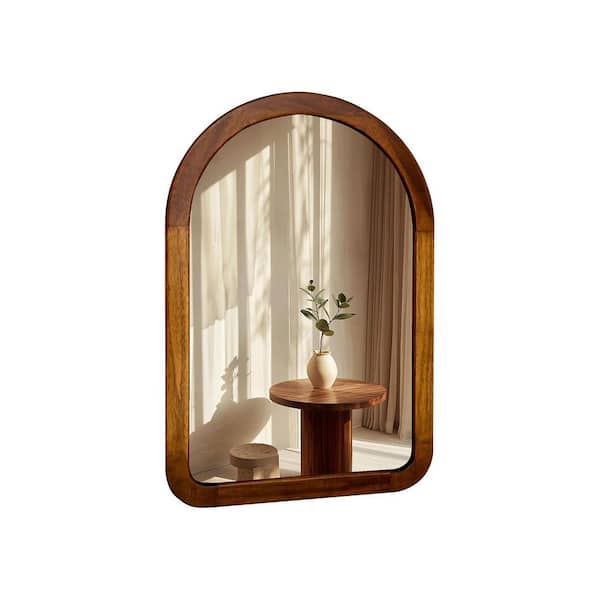 Brown 14 in W x 20 in. H  Arched Wood Rustic Bathroom Tempered Wall Mirror with Wood Frame