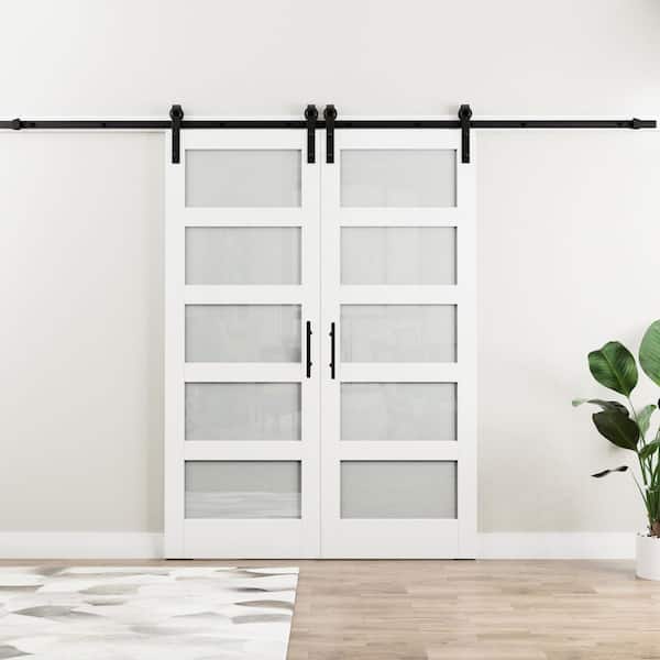 60 in. x 84 in. 5-Lites Frosted Glass White MDF Assembly Required Sliding Barn Door with Hardware Kit and Soft Close