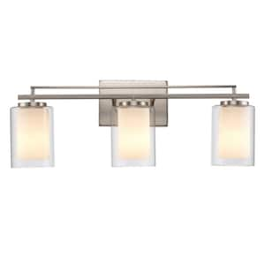 Lisbon 24 in. 3-Light Brushed Nickel Bathroom Vanity Light Fixture with Clear Glass Outer and Opal Glass Inner Shades