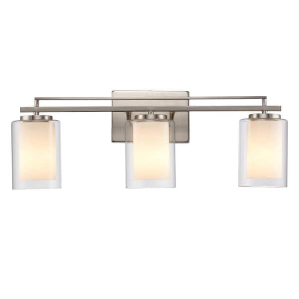 Bel Air Lighting Lisbon 24 in. 3-Light Brushed Nickel Bathroom Vanity Light Fixture with Clear Glass Outer and Opal Glass Inner Shades