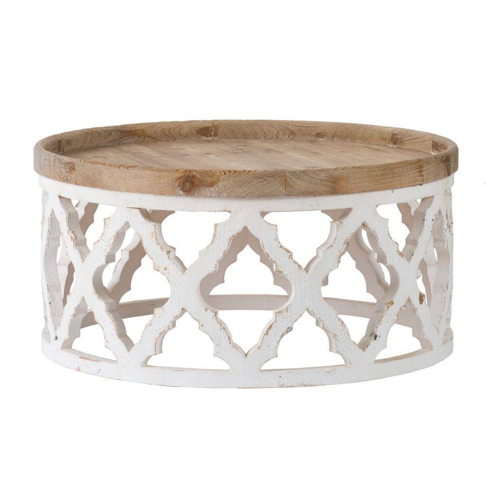 32 in Brown and White Round Wood Coffee Table with Quatrefoil Lattice Design price history on PriceWatchPro
