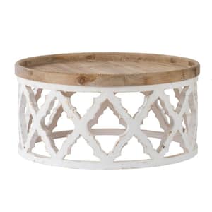 32 in Brown and White Round Wood Coffee Table with Quatrefoil Lattice Design