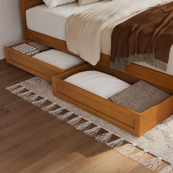 Modern Light Toffee Natural Bronze Solid Wood Frame For K, Queen, F, TXL Size Platform Bed Under Storage with Drawers