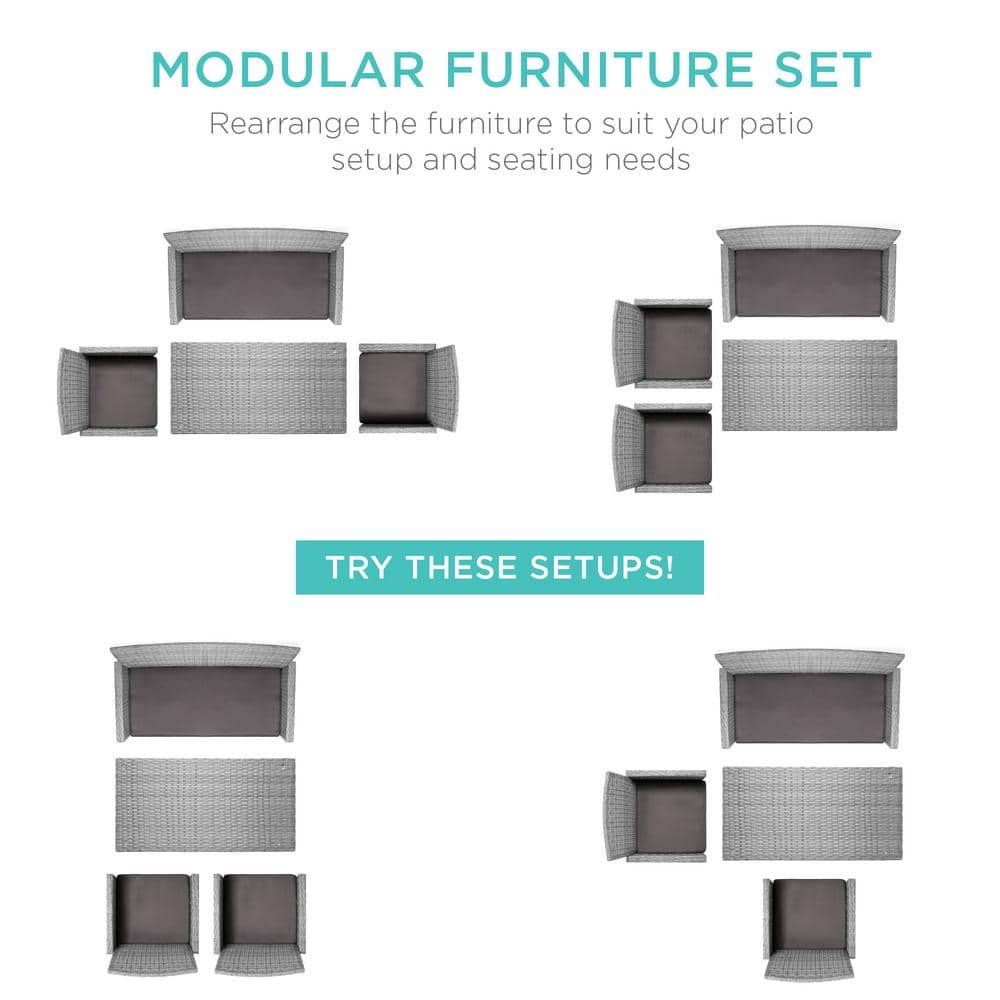 Gray 4-Piece Outdoor Wicker Patio Conversation Set with Cushions and Glass Table