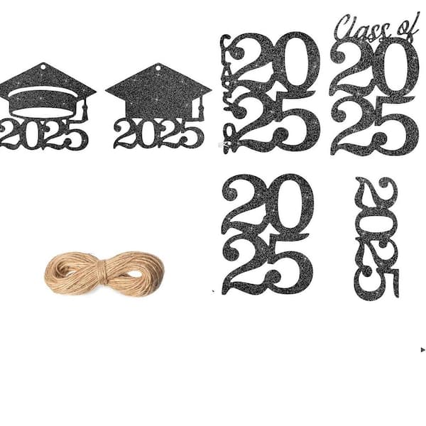 Glitter 2025 Cutouts Tags Graduation Decoration Black Glitter Paper Class of 2025 Centerpiece with Rope