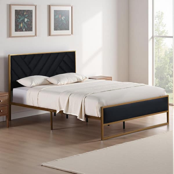 Black Frame Full Size Velvet Platform Bed with 10 in. Under Bed Storage Supported by Metal and Wooden Slats
