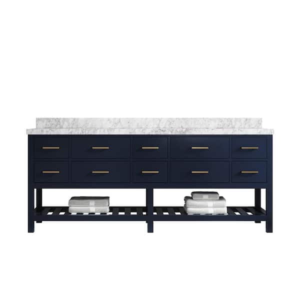 Willow Collections Parker 84 in. W x 22 in. D x 36 in. H Double Sink Bath Vanity in Navy Blue with 2 in. Carrara Marble Top