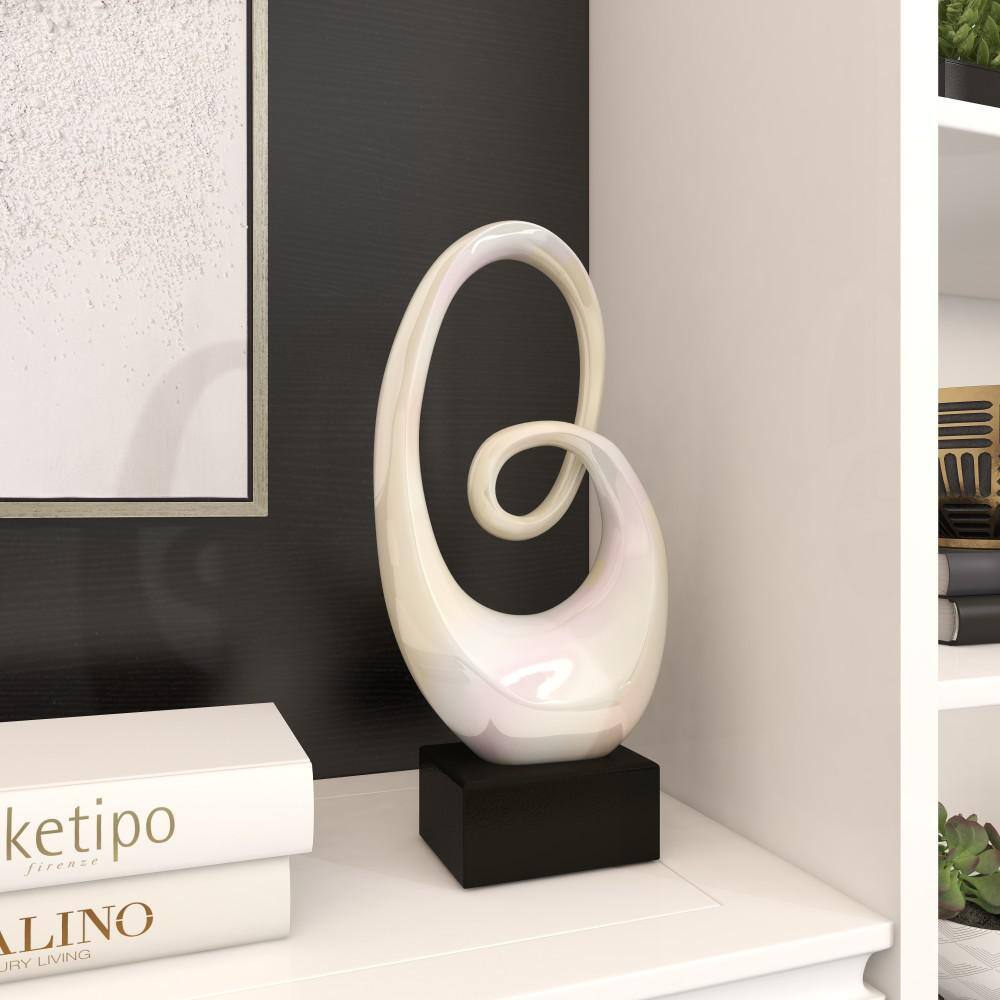 21" White Ceramic Swirl Abstract Sculpture with Black Base