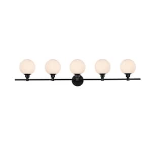 Simply Living 47 in. 5 Light Modern Black Vanity Light with Frosted White Round Shade