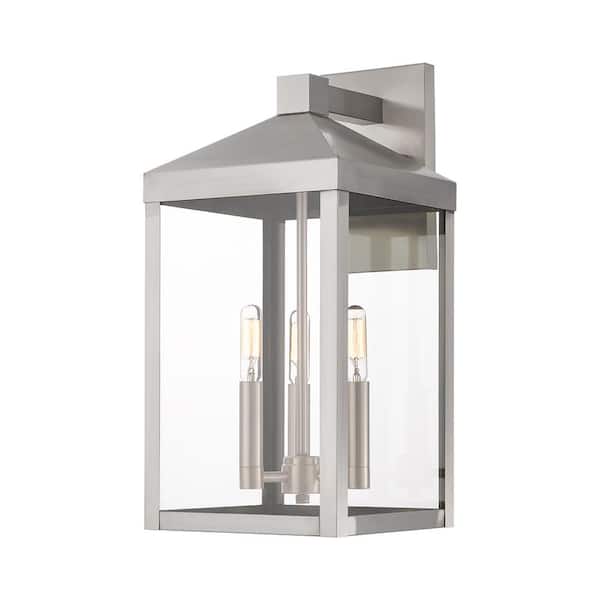 AVIANCE LIGHTING Creekview 17.5 in. 3-Light Brushed Nickel Outdoor Hardwired Wall Lantern Sconce with No Bulbs Included