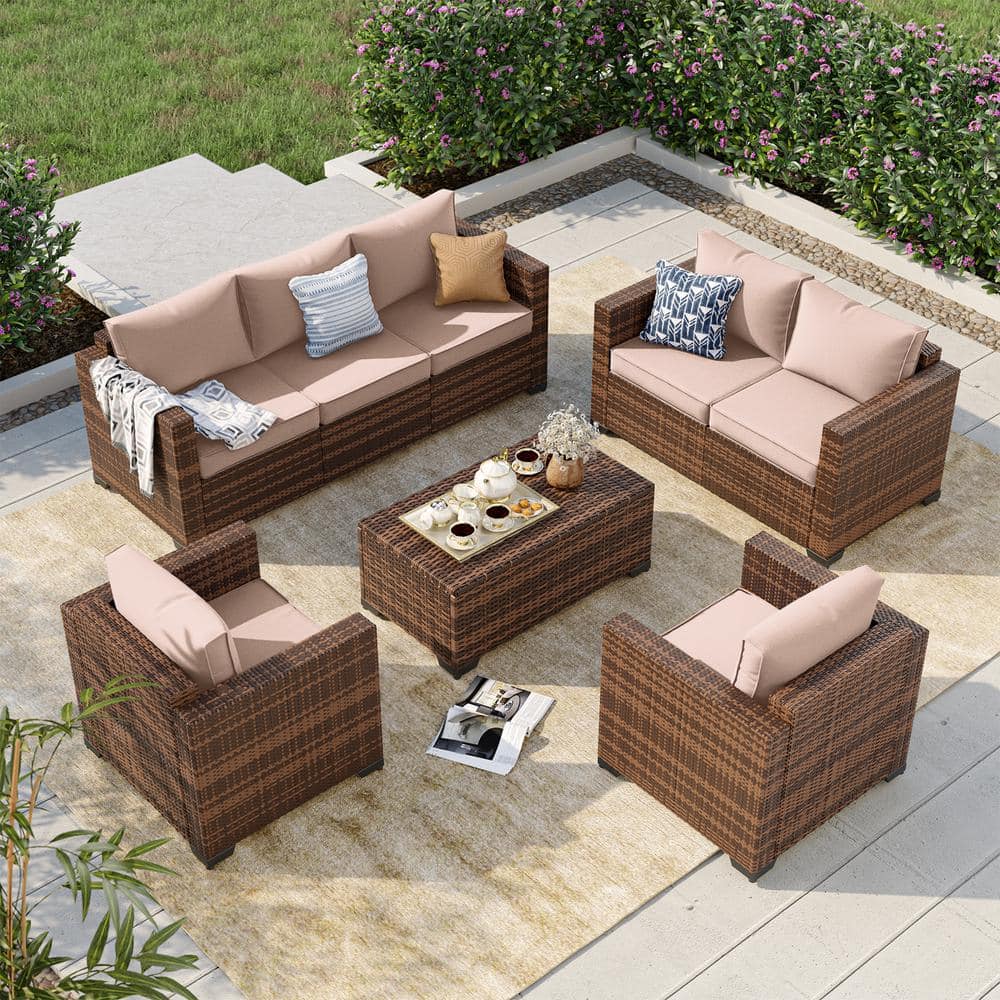 7-Seat 5-Piece Rattan Wicker Outdoor Patio Conversation Deep Seating Sofa Set with Beige Cushions, Loveseat, Storage Box price history on PriceWatchPro