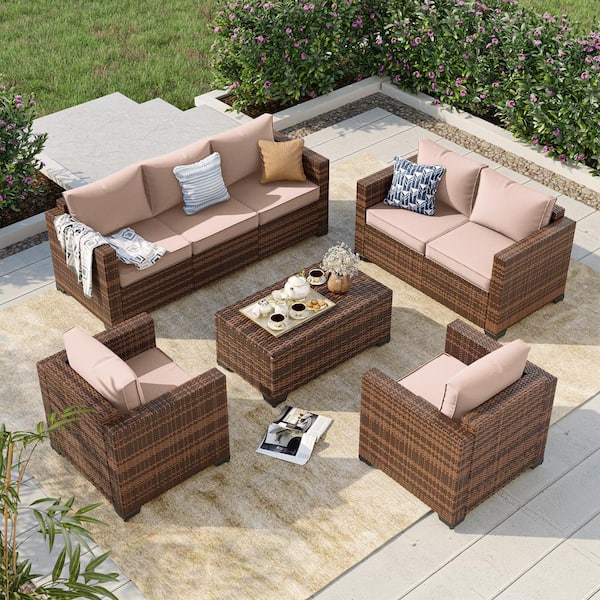 7-Seat 5-Piece Rattan Wicker Outdoor Patio Conversation Deep Seating Sofa Set with Beige Cushions, Loveseat, Storage Box