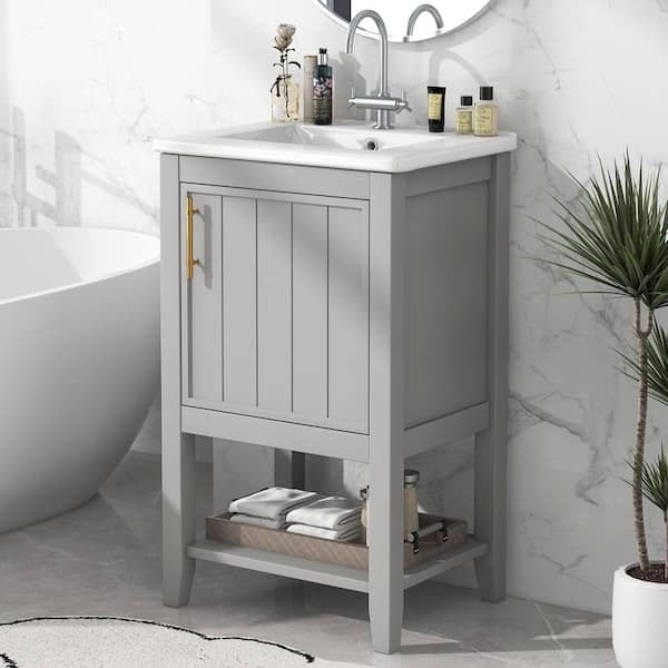 Qualler 20 in. W x 15.5 in. D x 33.5 in. H Single Sink Freestand Bath Vanity in Grey with White Ceramic Top