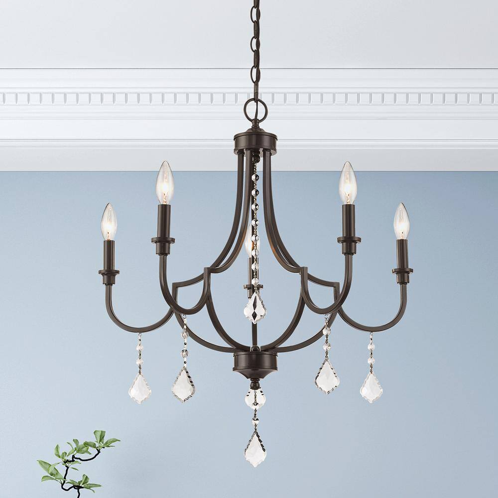 Mini English Bronze 5-Light Crystal Chandelier with Candelabra Bulbs