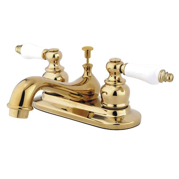 Kingston Brass Restoration 4 in. Centerset 2-Handle Bathroom Faucet with Plastic Pop-Up in Polished Brass