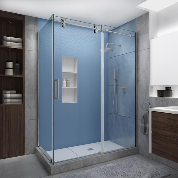 Aston Langham XL 48-52 in. x 34 in. x 80 in. Sliding Frameless Shower Enclosure StarCast Clear Glass in Stainless Steel Left