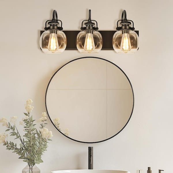 24 in. 3-Light Classic Black Bathroom Vanity Light with Clear Glass Shades