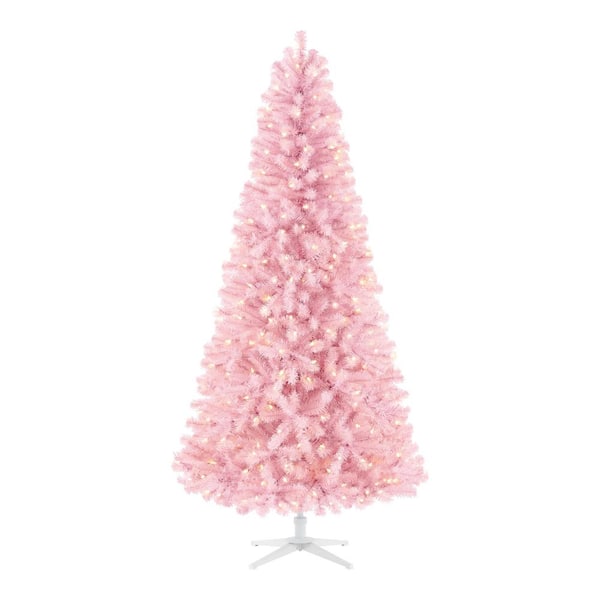 Home Accents Holiday 7 ft Shimmery Tinsel Pink Spruce Pre-Lit LED Artificial Christmas Tree 300 Warm White Mini Lights