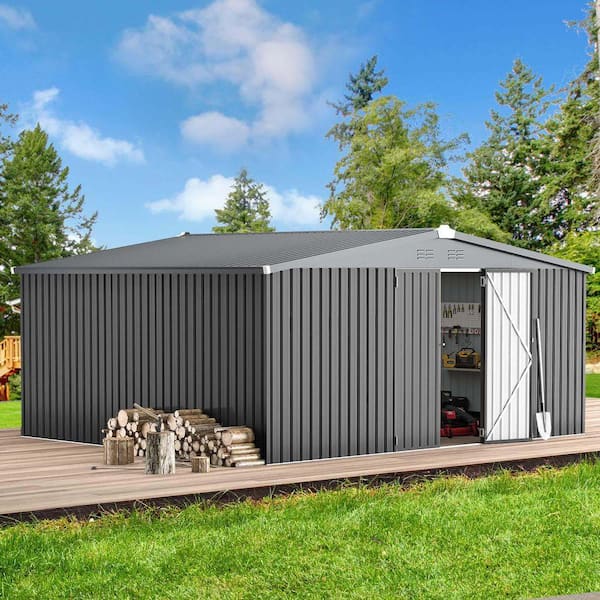 Tenleaf 14 ft. W x 12 ft. D Dark Gray Metal Shed with Lockable