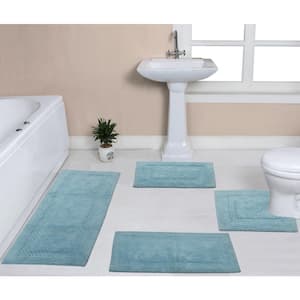 Classy 100% Cotton Bath Rugs Set, Machine Wash, 4-Pcs Set with Runner, Aqua