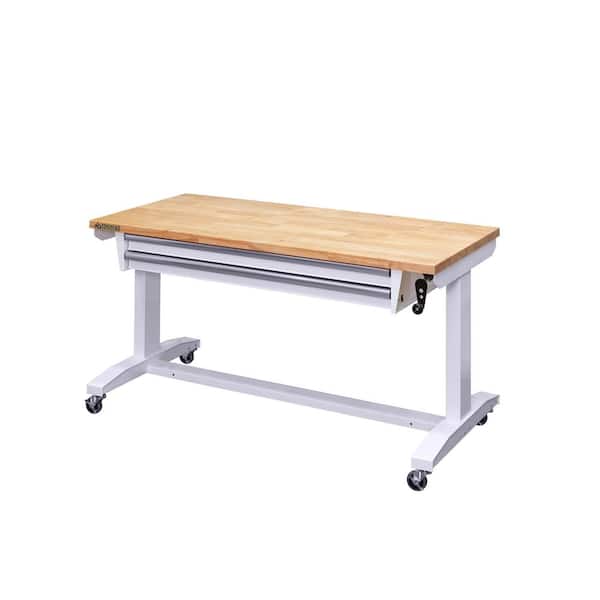 Husky 52 in. Adjustable Height Workbench Table with 2-Drawers in White