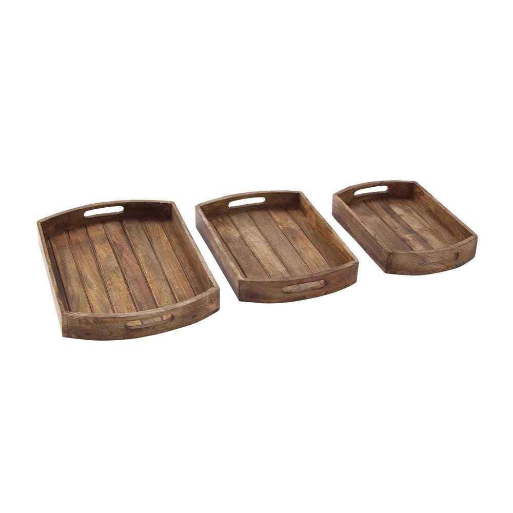 Light Brown Mango Wood Decorative Tray Set with Slot Handles, 3-Piece