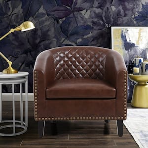 Brown Modern PU Leather Upholstered Accent Barrel Chair with Nailheads and Solid Wood Legs