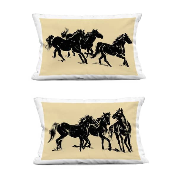 Horses in Motion Stampede Beige Print Zipper Polyester 14 in. X 20 in. Throw Pillow Set of 2