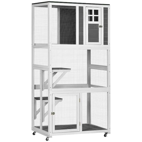 Tatayosi 74 in. Wooden Outdoor Cat House, Outdoor Cat Enclosure, Kitten Cage Condo with Wheels, Gray
