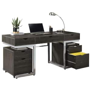 Noorvik 62 in. 3-Piece Dark Oak and Chrome Writing Desk Set