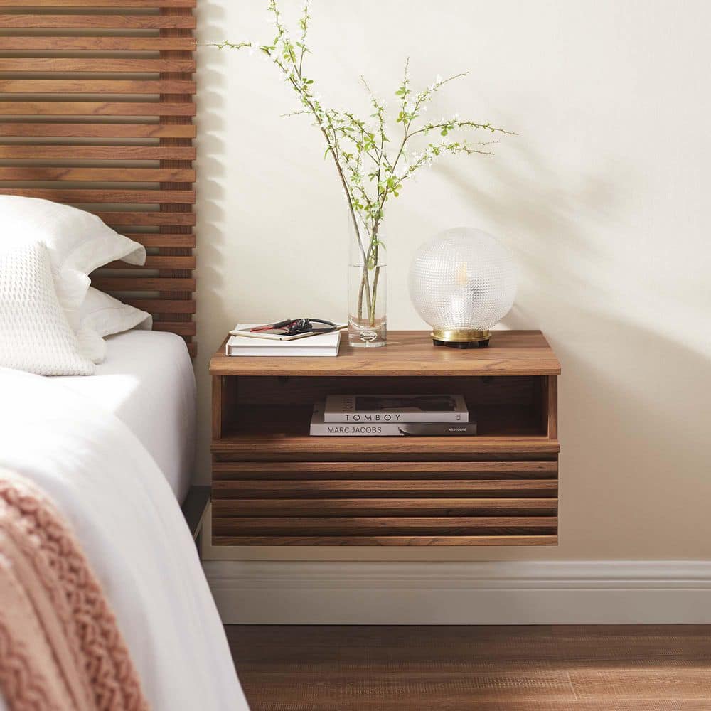 Mid-Century Walnut Wall-Mount Nightstand with Drawer