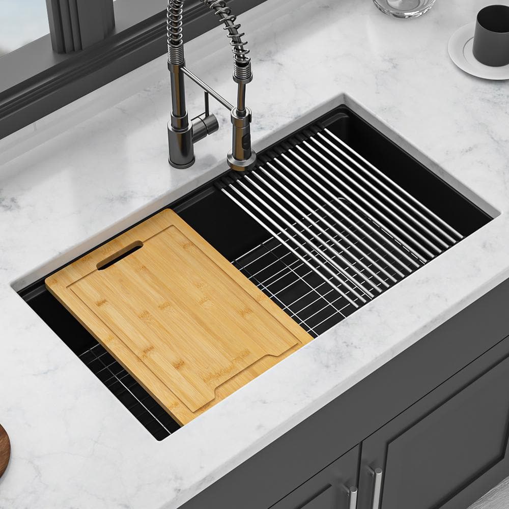 33 in. Undermount Single Bowl Black Quartz Kitchen Sink with Bottom Grids price history on PriceWatchPro