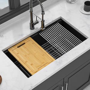 33 in. Undermount Single Bowl Black Quartz Kitchen Sink with Bottom Grids