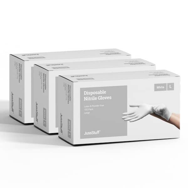 JussStuff Large Nitrile Exam Latex Free and Powder Free Gloves in White - 3 Boxes of 100 Gloves (300 Total)