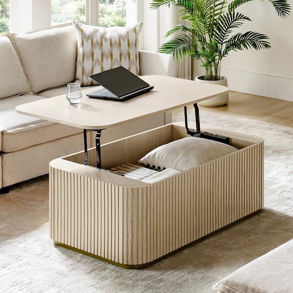 Hector 47.75 in. Natural Rectangle Wood Coffee Table with Multifunctional Storage