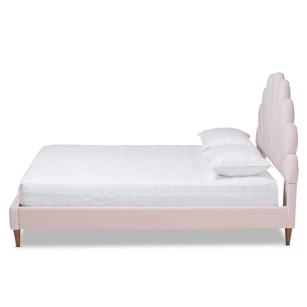 Queen Light Pink Velvet Tufted Platform Bed with Walnut Legs